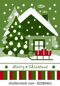vector card with Christmas tree, cottage and gifts on sledge