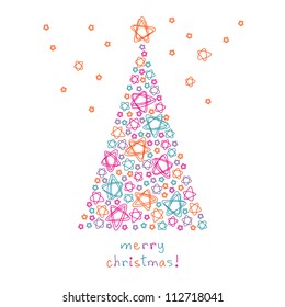 Vector card with christmas tree made of stars. Light background in childish hand drawn style with shapes of doodles and lettering - Merry Christmas. Holiday illustration for invitation and greeting