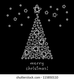 Vector card with christmas tree made of stars. Black background in childish hand drawn style with shapes of doodles and lettering - Merry Christmas. Holiday illustration for invitation and greeting