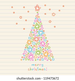 Vector card with christmas tree made from stars of doodles. Holiday childish hand drawn background. Lettering - Merry Christmas. Abstract illustration for invitation, greeting in pencil sketch style