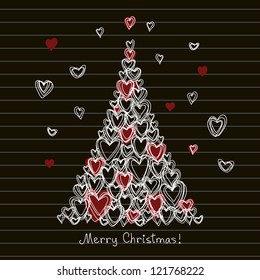 Vector card with christmas tree made from hearts of doodles. Festive childish hand drawn background on blackboard with greeting lettering. Abstract illustration for invitation in pencil sketch style