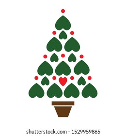 Vector card with christmas tree made from hearts and dots. Abstract cute decorative illustration for invitation. New Year tree made with hearts