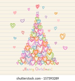 Vector card with christmas tree made from hearts of doodles. Holiday childish hand drawn background on a sheet of notebook. Abstract cute illustration for invitation, greeting in pencil sketch style