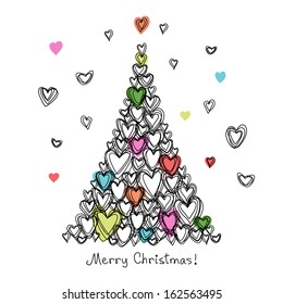 Vector card with christmas tree made from hearts of doodles. Holiday childish hand drawn background. Abstract cute decorative illustration for invitation, greeting in pencil sketch style 