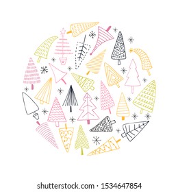 Vector card with Christmas trees on a white background. Vector set of Christmas trees in a circle. New year doodle card with Christmas trees.