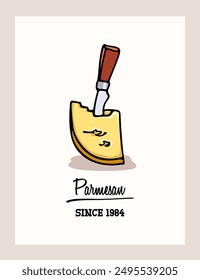 Vector card with a classic Italian hard cheese Parmesan. Freehand ink drawing, graphic style. Beautiful food design elements