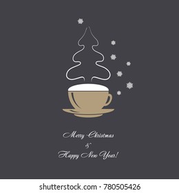 Vector card coffee cup with snowflakes and christmas tree steaming silhouette. Coffe and Christmas wishes concept. Editable vector illustration EPS 10