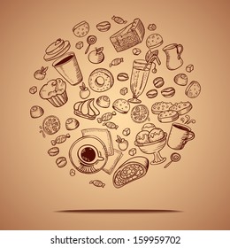 Vector card with coffee and pastry hand drawing icons.