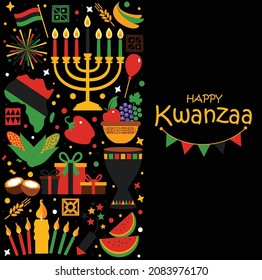 Vector card with collection of Happy Kwanzaa. Holiday symbols on black background. Vector illustration.