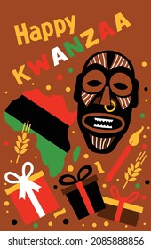 Vector card with collection of Happy Kwanzaa. Holiday symbols on brown background. Vector illustration.