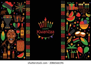 Vector card with collection of Happy Kwanzaa. Holiday symbols on black background. Vector illustration.