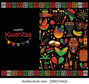 Vector card with collection of Happy Kwanzaa. Holiday symbols on black background. Vector illustration.