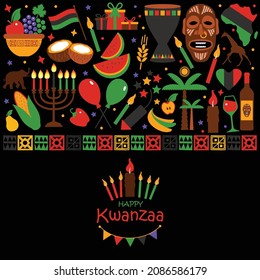 Vector card with collection of Happy Kwanzaa. Holiday symbols on black background. Vector illustration.