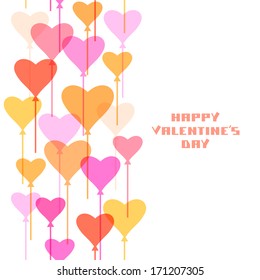 Vector card with color balloons in shape of heart, greeting inscription. Romantic decorative cute illustration with concept of Valentine's Day, wedding. Abstract original romantic simple background 