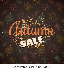 Vector card with color leaves of different trees on the brown background with blot of paint and text autumn sale.