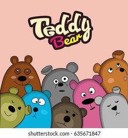 Vector card with colored cartoon teddy bears.