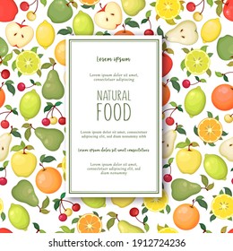 Vector card with colorful apples, oranges, pears, lemons and limes isolated on white background. Natural fresh fruits concept illustration for farmers eco food market, packaging and advertising