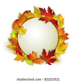 Vector card with colorful autumn leaves and white banner for your design