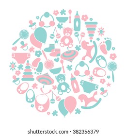vector card with colorful baby icons.Baby icons set, vector.Kids set.Decoration