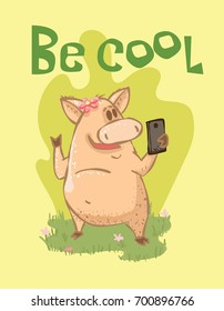 Vector card with colour cute  pig and Be cool text