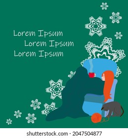 Tarjeta vectorial por felicitar a feliz navidad o con deseos de recuperación con una chica de cabello rojo en una silla y un gato con una bola de lana y copos