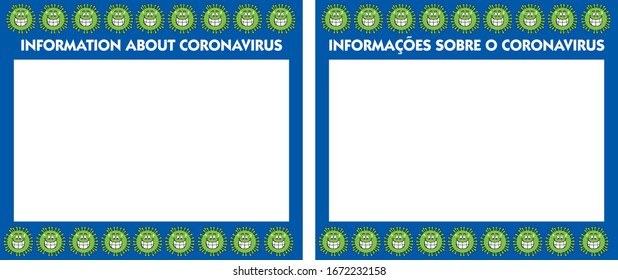 Vector card with coronavirus characters and the text coronavirus information in english and portuguese