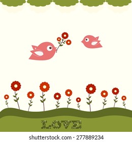 Vector card with couple of birds and flowers
