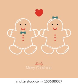 Vector card with couple of smiling happy gingerbread Christmas cookies in love with heart and lovely greeting