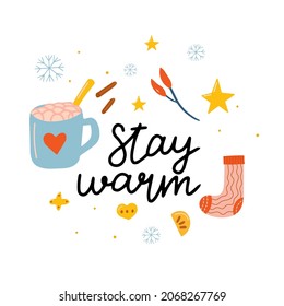 Vector card with cozy Christmas decorations with text. Lettering, sweets, hot cocoa, coffee, cake, cookies, gifts, knitted woolen clothes. Kids illustration. Scrapbook trendy collection