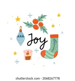 Vector card cozy Christmas decorations with text. Lettering holly jolly, joy, socks, gifts, knitted woolen clothes. Kids illustration. Scrapbook trendy collection