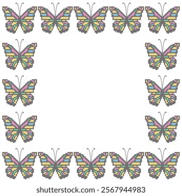 Vector card with cross stitch butterflies in bright colors on white background. Romantic summer background. Empty space for text or picture.