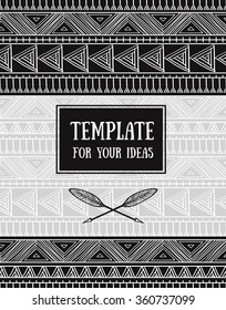 Vector card with crossed ethnic arrows and frame on the tribal ornamental background. Boho and hippie style. American indian motifs.