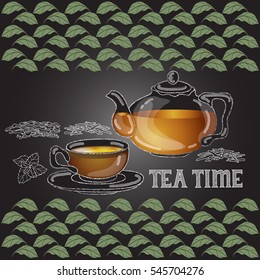 Vector card with cup, pot, herb and text Tea Time. White lines on dark background.