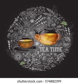 Vector card with cup, pot, herb and text Tea Time.