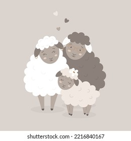 Vector card with cute animals family. Sheeps parents with child. Animal mom, dad and baby sheep characters for family day greeting. Flat farm lambs for kids print