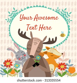 vector card cute animals. on a background plants and flowers. deer, fox, rabbit, bee. with space for text.