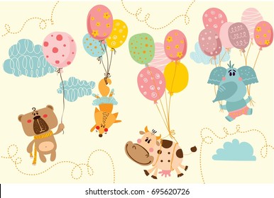 Vector card with cute animals in simple design flying on the balloons. Perfect for kid's greeting card design, t-shirt print, inspiration poster.