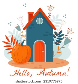 vector card with cute autumn house, pumpk in and flowers