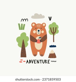 Vector card with cute Bear. Hand drawn in kid style. The design used for print, wallpaper, fabric, textile Kids vector illustration