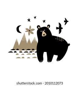 Vector card with cute bear. Illustration for children's prints, greetings, posters, t-shirt, packaging, invites. Scandinavian style flat design. Funny cartoon animal.