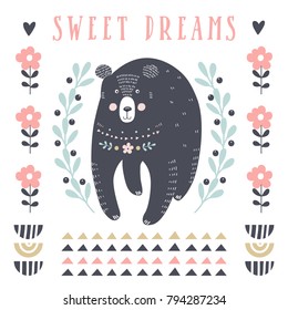  Vector card with cute bear. Illustration for children's prints, greetings, posters, t-shirt, packaging, invites. Element for your design. Postcard with "sweet dreams" text. Vector illustration.