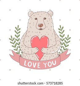 Vector card with cute bear in love and text Love you