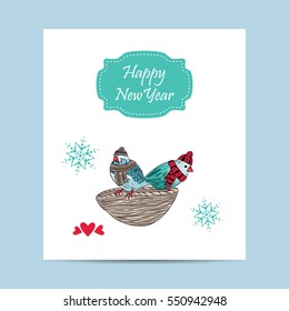 vector card with cute birds warm dressed in winter season. EPS