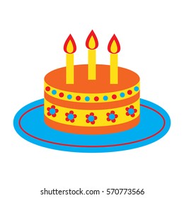 Vector card with cute bright birthday cake and three candles isolated on the white background. Template for three years old birthday design.
