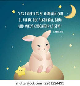 Vector card with a cute bunny on a planet with stars. Cartoon characters and handwritten text "Las estrellas se iluminan". Fairy tale poster.