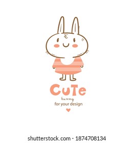 Vector card with cute cartoon bunny in dress. Cheerful rabbitin in clothes. Funny hare print. Anthropomorphic character for baby shower.