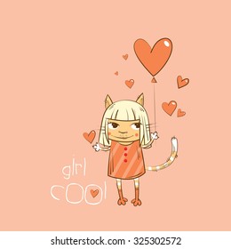 Vector card with cute cartoon cat in a dress and  balloon.