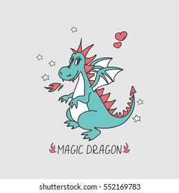 Vector card with cute cartoon dragon. Magic dragon poster, greeting card. 