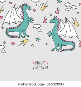 Vector card with cute cartoon dragons. Magic dragon poster, greeting card. 