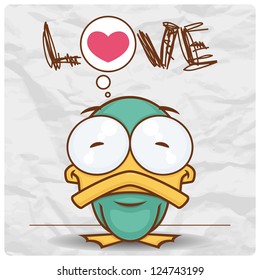 Vector card with  cute cartoon duck character.